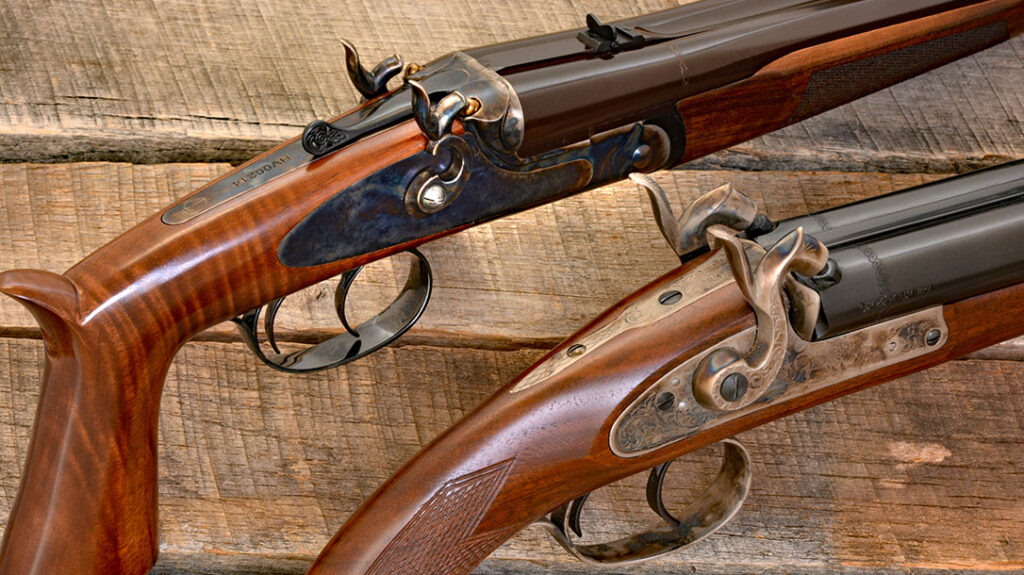 The unusually small hammers on the new Pedersoli Vintage .45/410 are conspicuous when compared to the large hammers on the original Pedersoli Howdah Hunter .50-caliber muzzleloader.